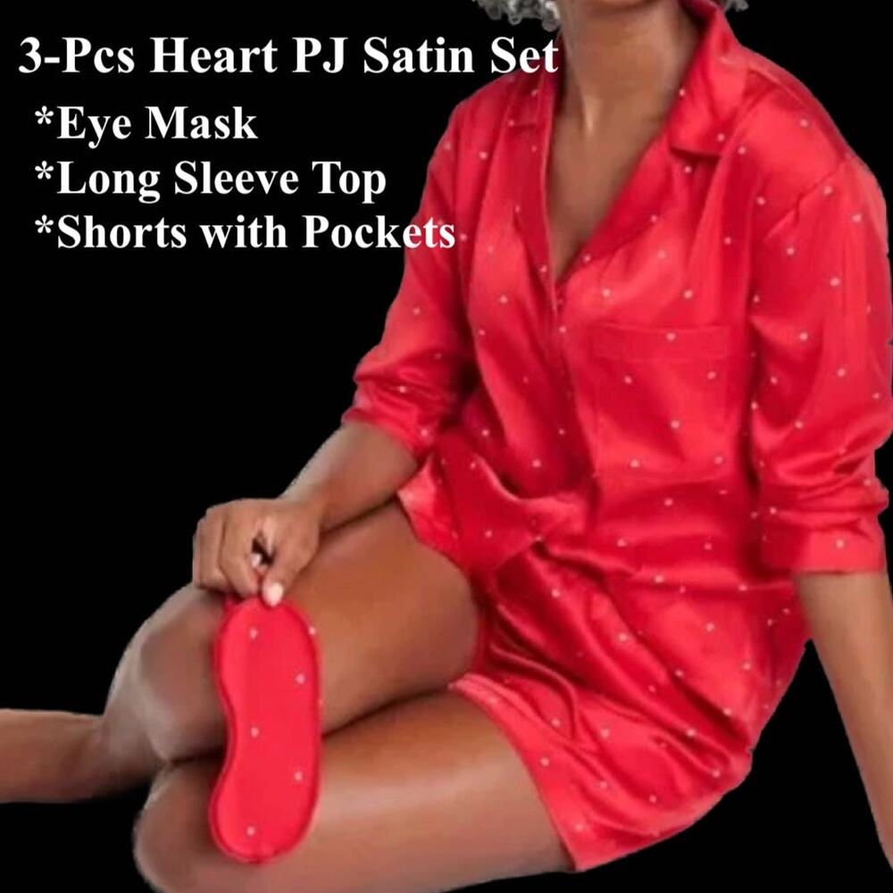 Auden Women's Boxed 3pc Satin Long Sleeve Top Shorts Eye Mask Pajama Set  XL - Picture 2 of 5